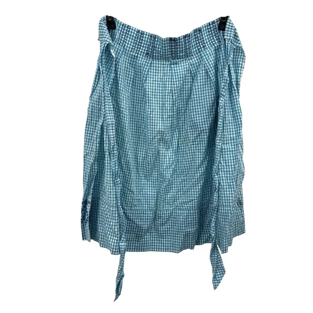 Vintage Waist Apron Needlepoint Embroidery Turquoise White Gingham Tie Waist
